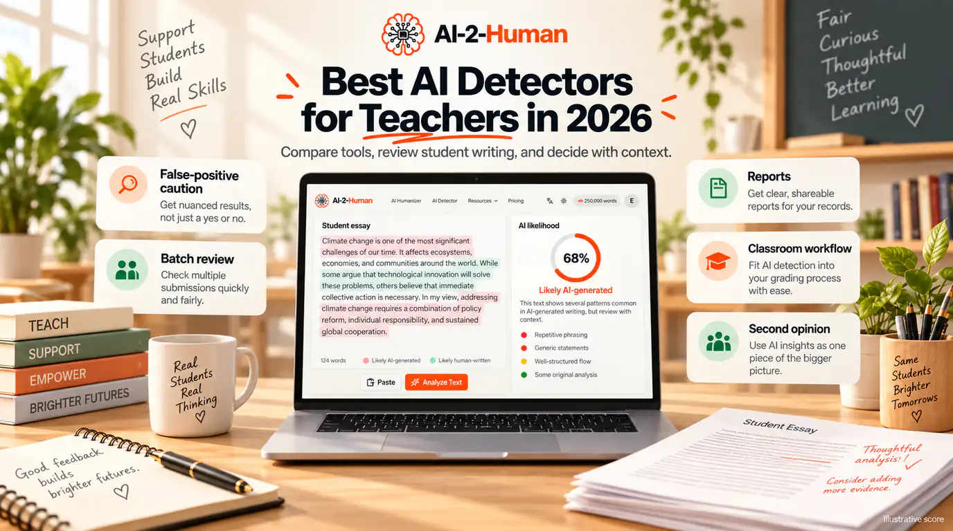 A student essay analysed on an AI-2-Human laptop screen, surrounded by cards about false positives, batch review, reports and classroom workflow.