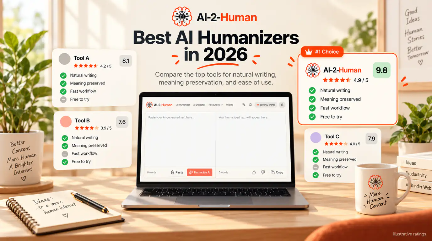 AI-2-Human on a laptop surrounded by illustrated AI humanizer comparison cards for natural writing, meaning preservation and ease of use.