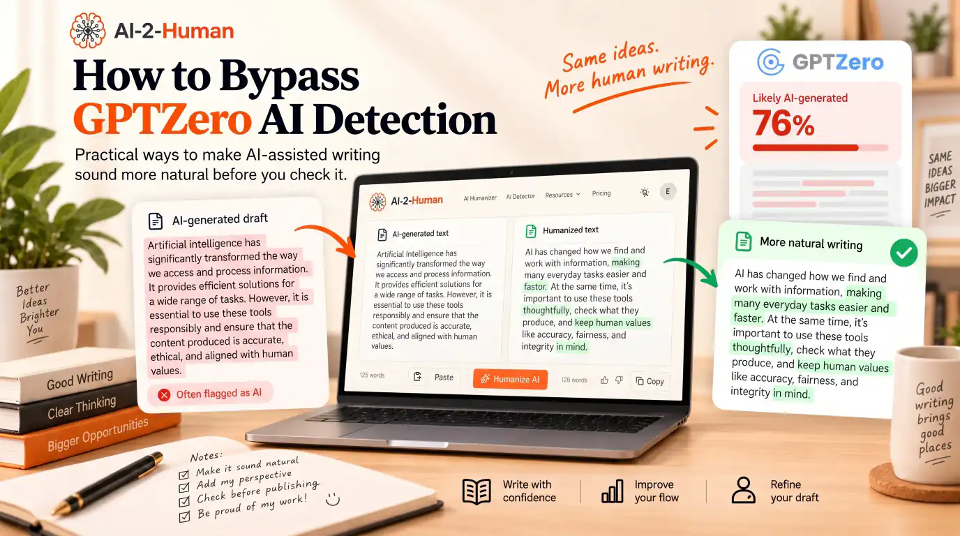 AI-2-Human en un portátil, con un borrador de estilo IA, una reescritura más natural y un informe ilustrativo de detección de GPTZero.