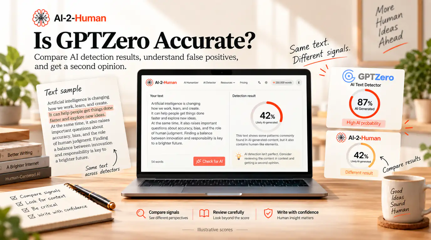 Un esempio di testo accanto ad AI-2-Human su un portatile e rapporti illustrativi di GPTZero e AI-2-Human con punteggi di rilevamento IA diversi.