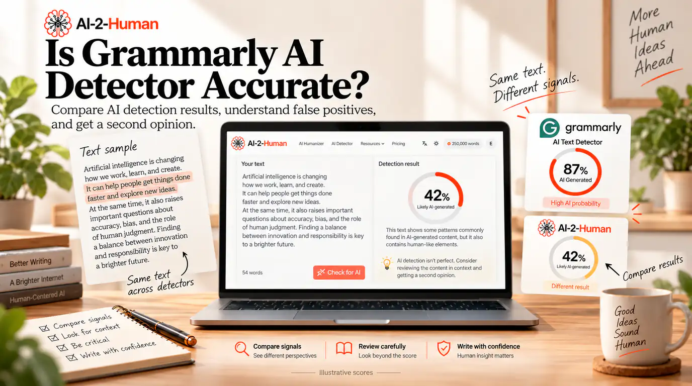 A text sample beside AI-2-Human on a laptop and illustrative Grammarly and AI-2-Human reports showing different AI detection scores.