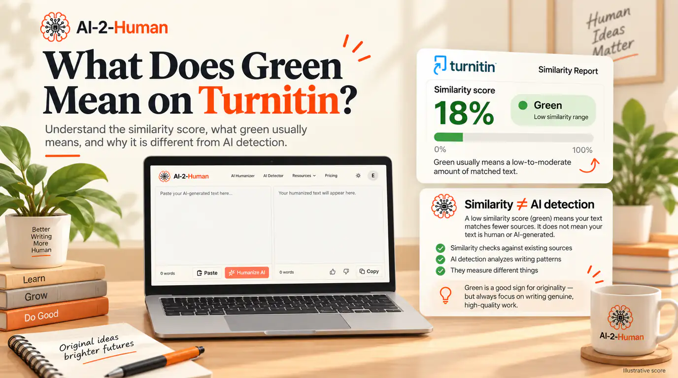 An illustrative Turnitin similarity report with a green 18% score beside an explanation distinguishing text similarity from AI detection.