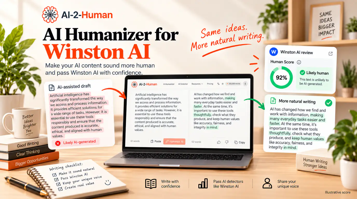 An AI-assisted draft and a more natural rewrite beside AI-2-Human on a laptop and an illustrative Winston AI Human Score report.
