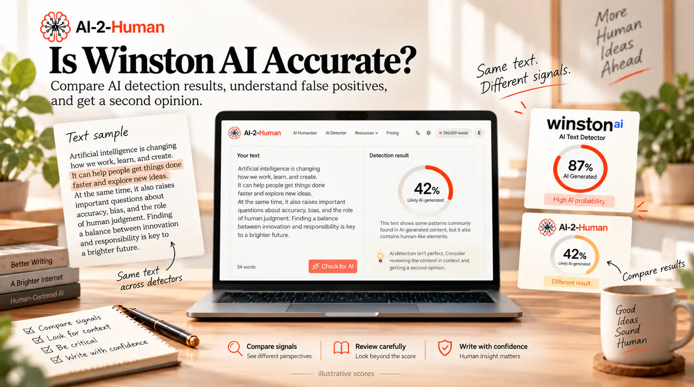 A text sample beside AI-2-Human on a laptop and illustrative Winston AI and AI-2-Human reports showing different AI detection scores.