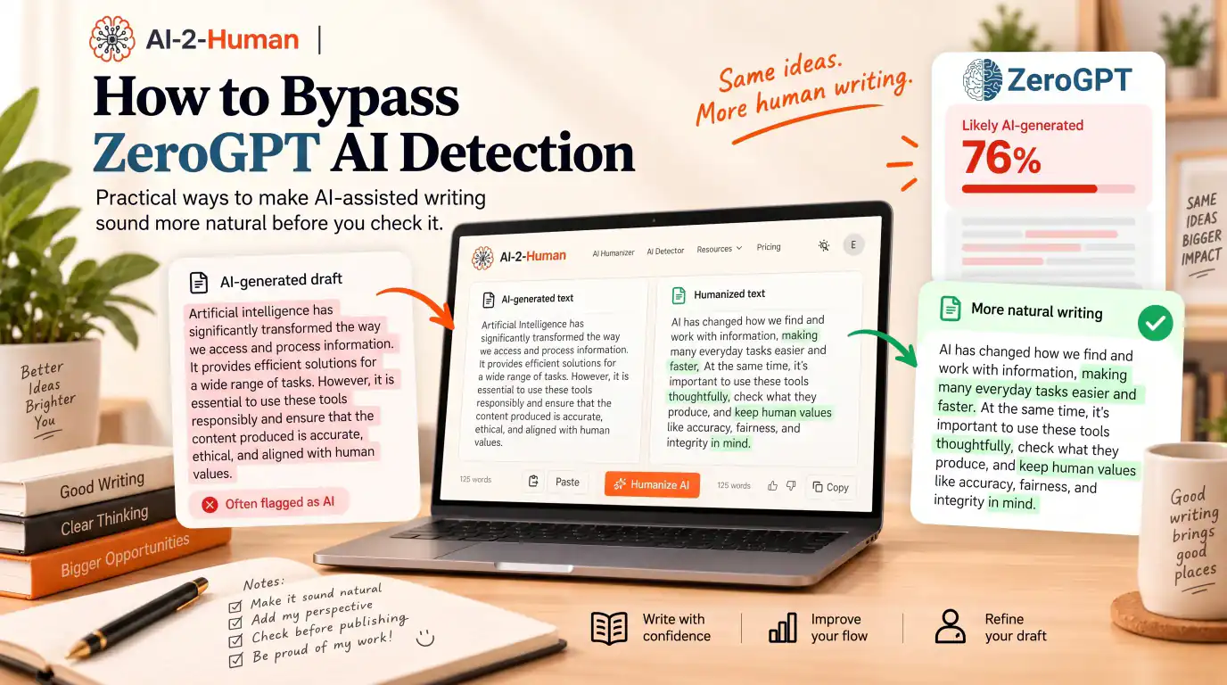 AI-2-Human en un portátil, con un borrador de estilo IA, una reescritura más natural y un informe ilustrativo de detección de ZeroGPT.